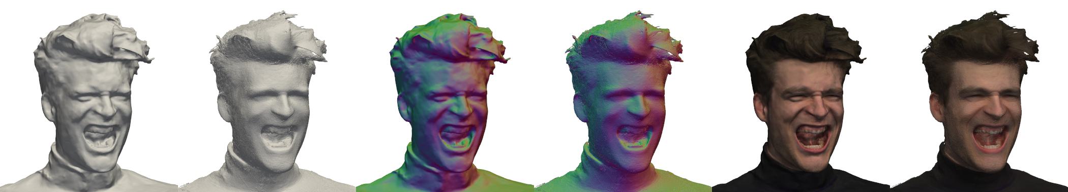 Qualitative comparison of mesh extraction results visualised with normal and texture mapping.